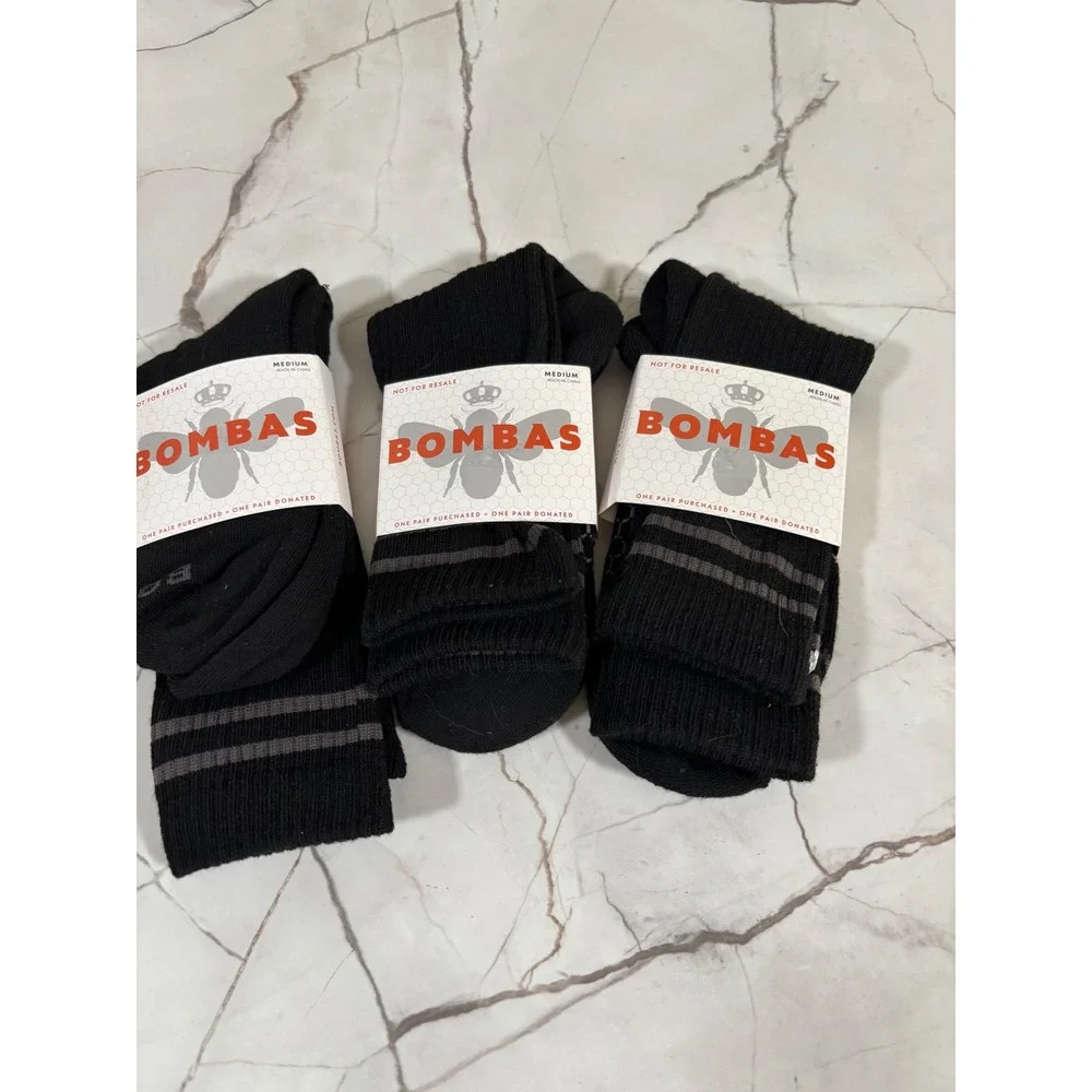 Bombas Mens Crew Socks Medium Black Grey Stripe Honeycomb Arch Support 3 Pair
